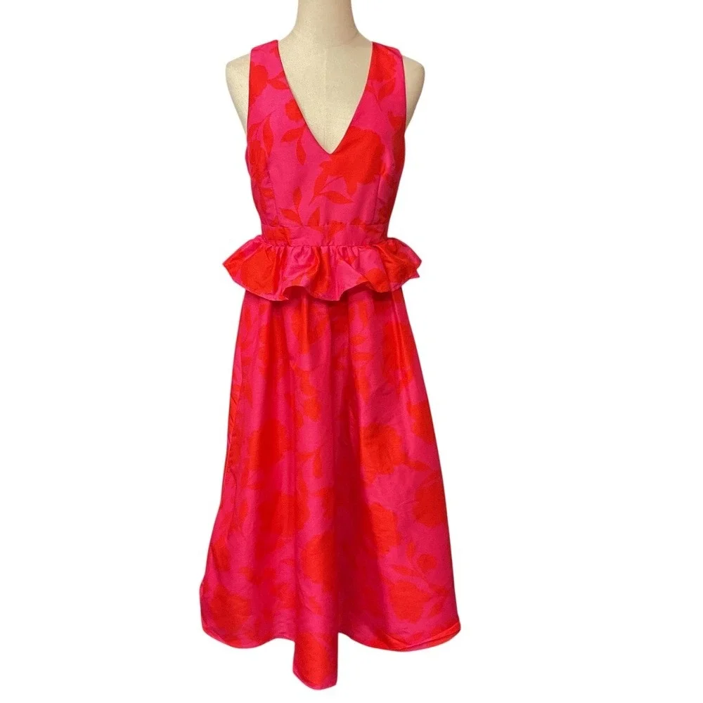 Kate Spade Target Red Pink Classic Floral Sleeveless Peplum‎ Midi Dress Sz 6 NWT
